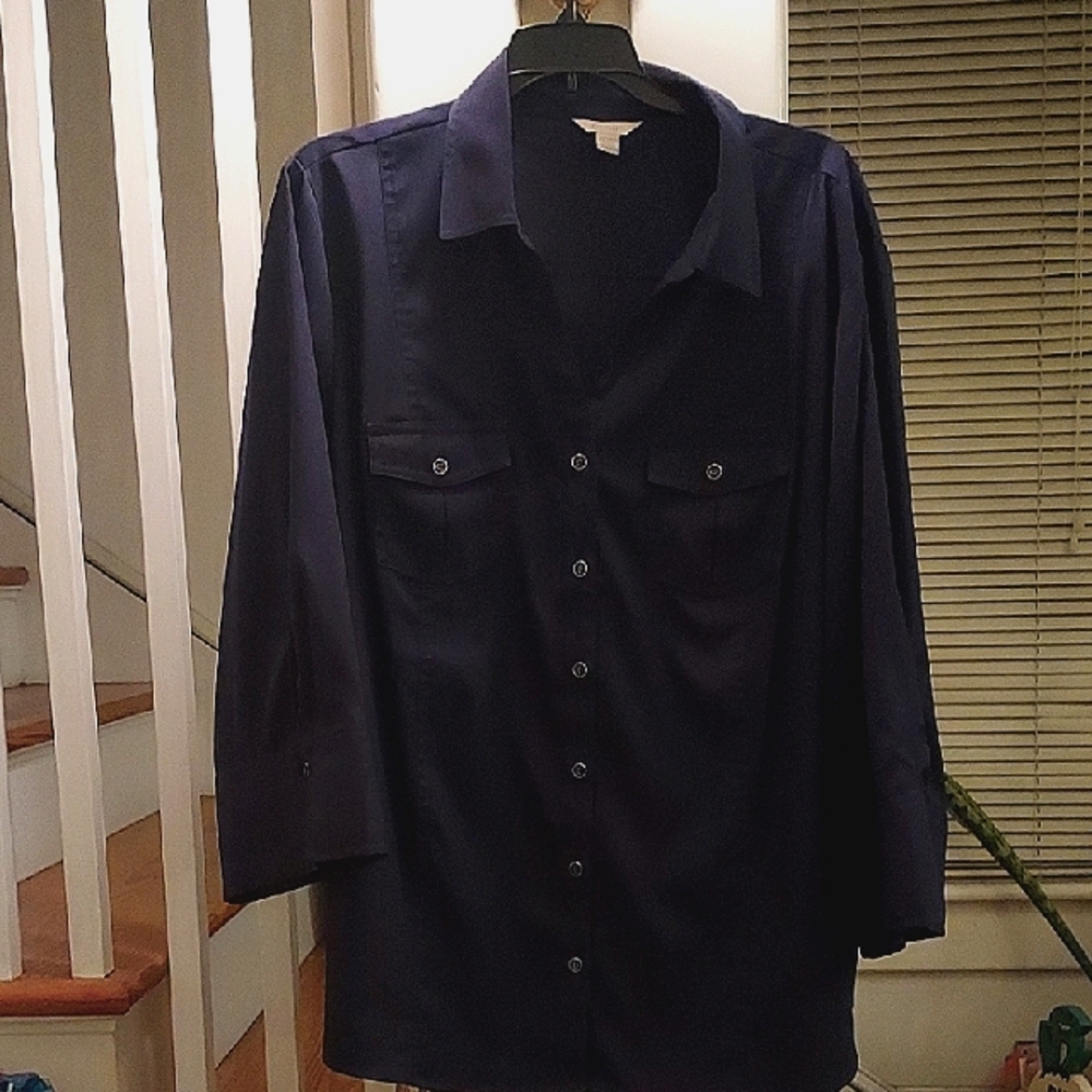 C 1946 Navy 3-Qtr Sleeve, Button-Up Blouse 22-24W